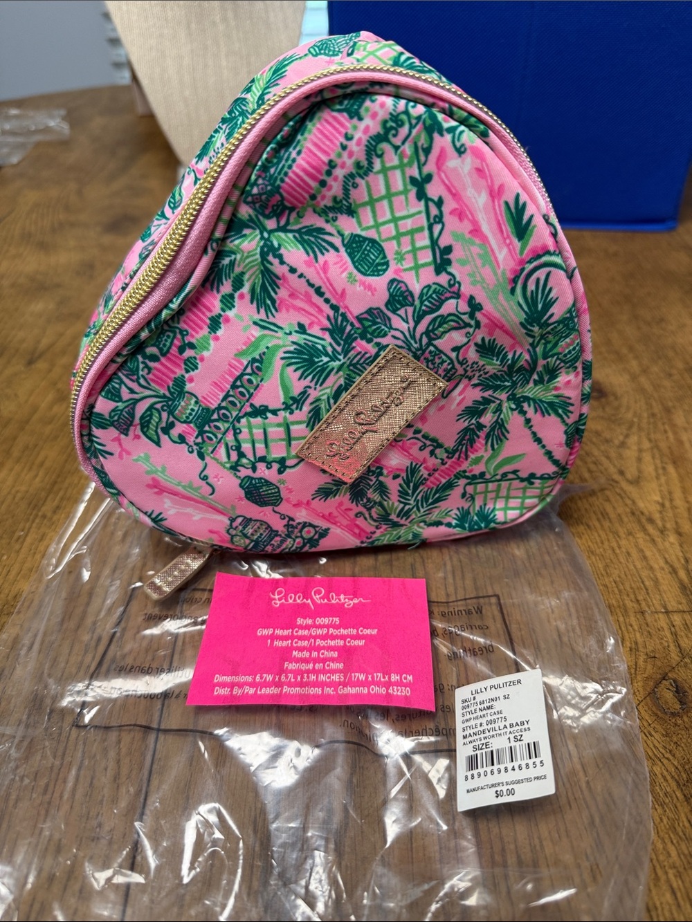 Lilly Pulitzer Pink & Green Heart-Shaped Cosmetic Case with Gold Trim